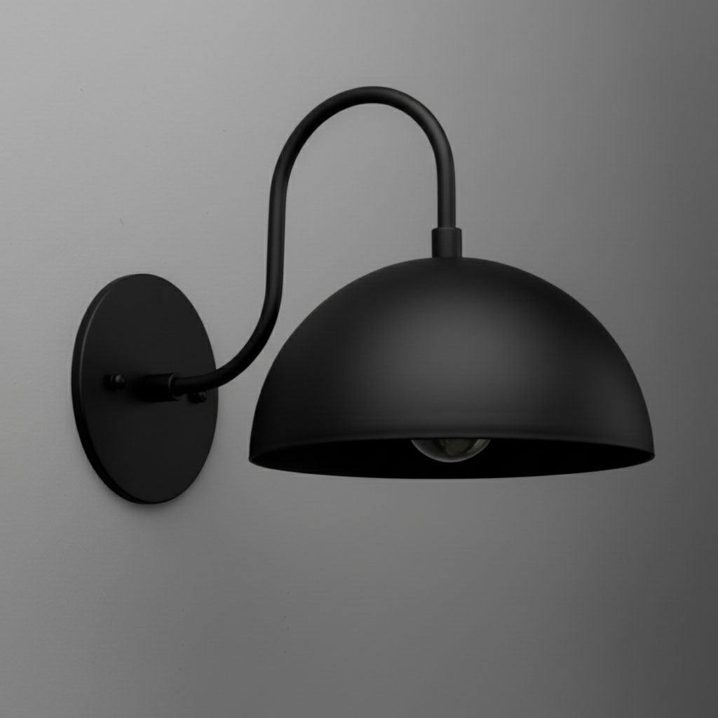 Matte black dome wall sconce with curved arm and round mounting plate. - SCONCE MODEL NO. 9092