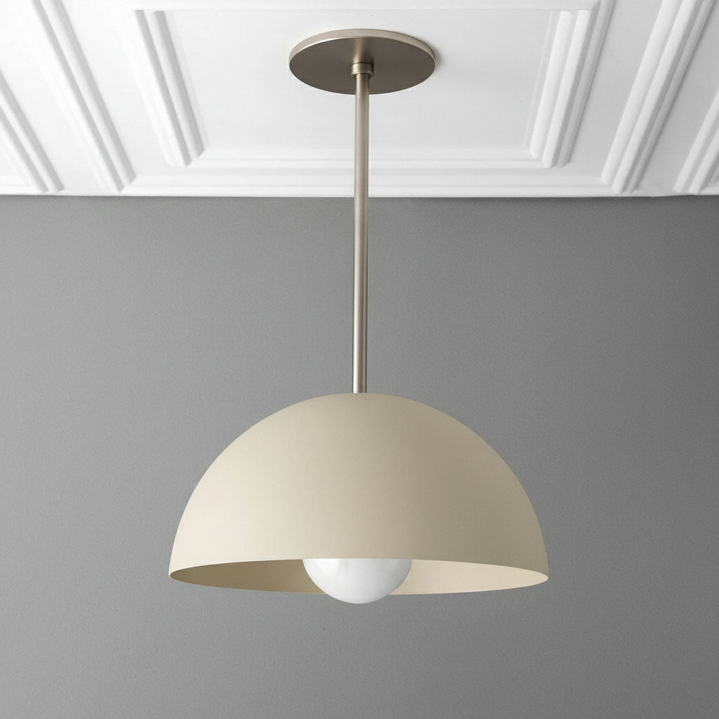 Matte beige dome pendant light with exposed bulb and brushed metal rod ceiling mount. - PENDANT MODEL NO. 6673
