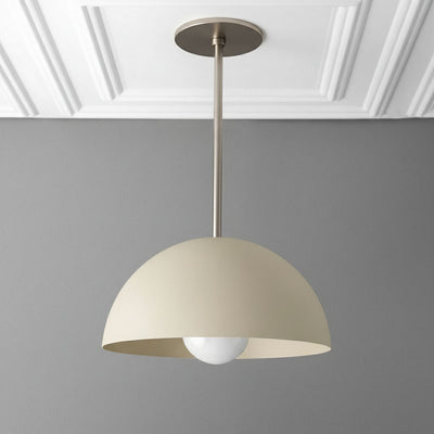 Matte beige dome pendant light with exposed bulb and brushed metal rod ceiling mount. - PENDANT MODEL NO. 6673