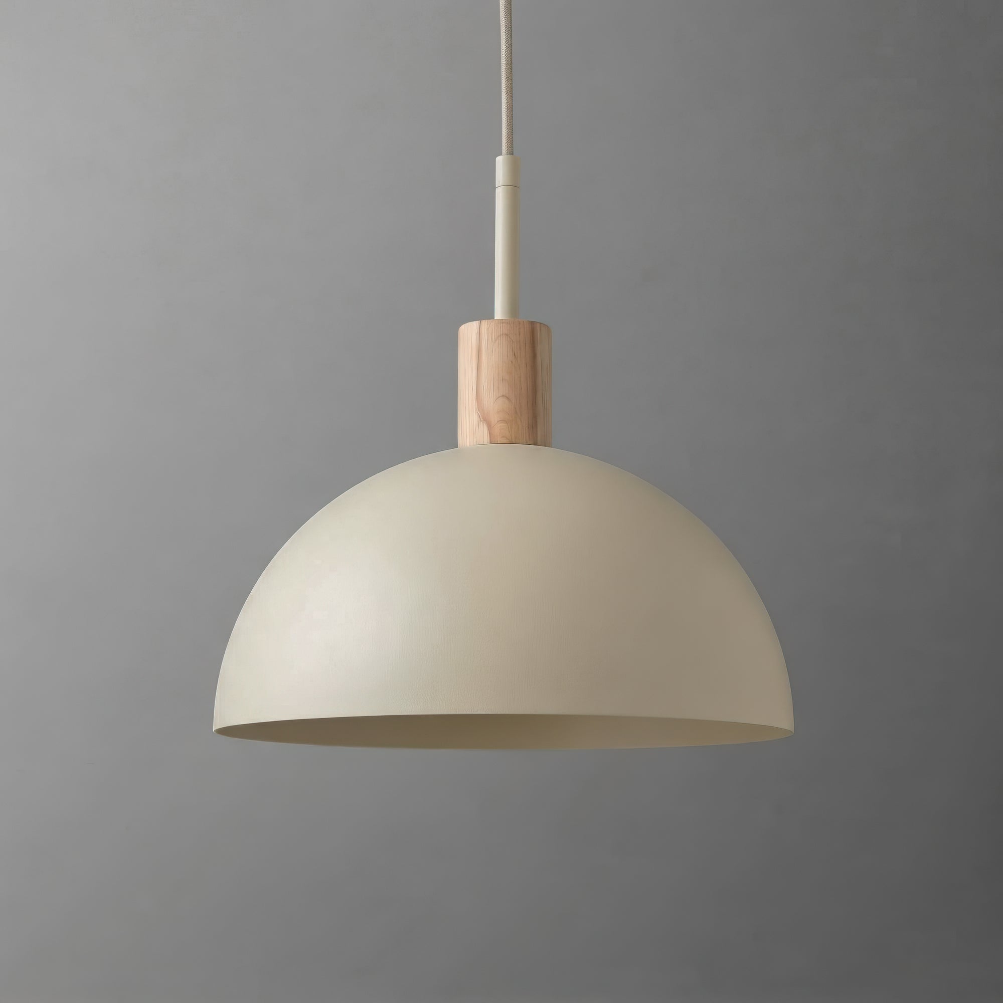 Beige dome-shaped pendant light with wooden accent and white cord suspension. - PENDANT MODEL NO. 4610