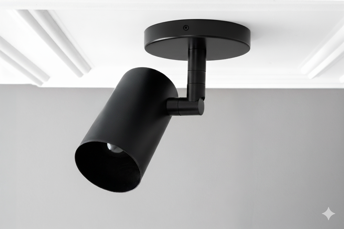 Ceiling spotlight in Black with a swivel arm and cylinder shade, angled below a molded ceiling. - CEILING LIGHT MODEL NO. 4287