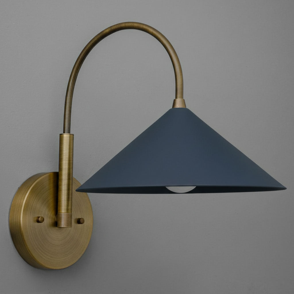 Antique brass wall sconce with curved arm and coal blue conical shade. - Sconce Model No. 1583