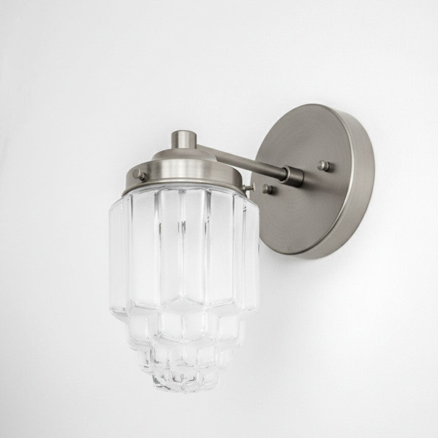 Art Deco semi-flush wall sconce with tiered clear glass globe and brushed nickel finish. - SCONCE MODEL NO. 6130