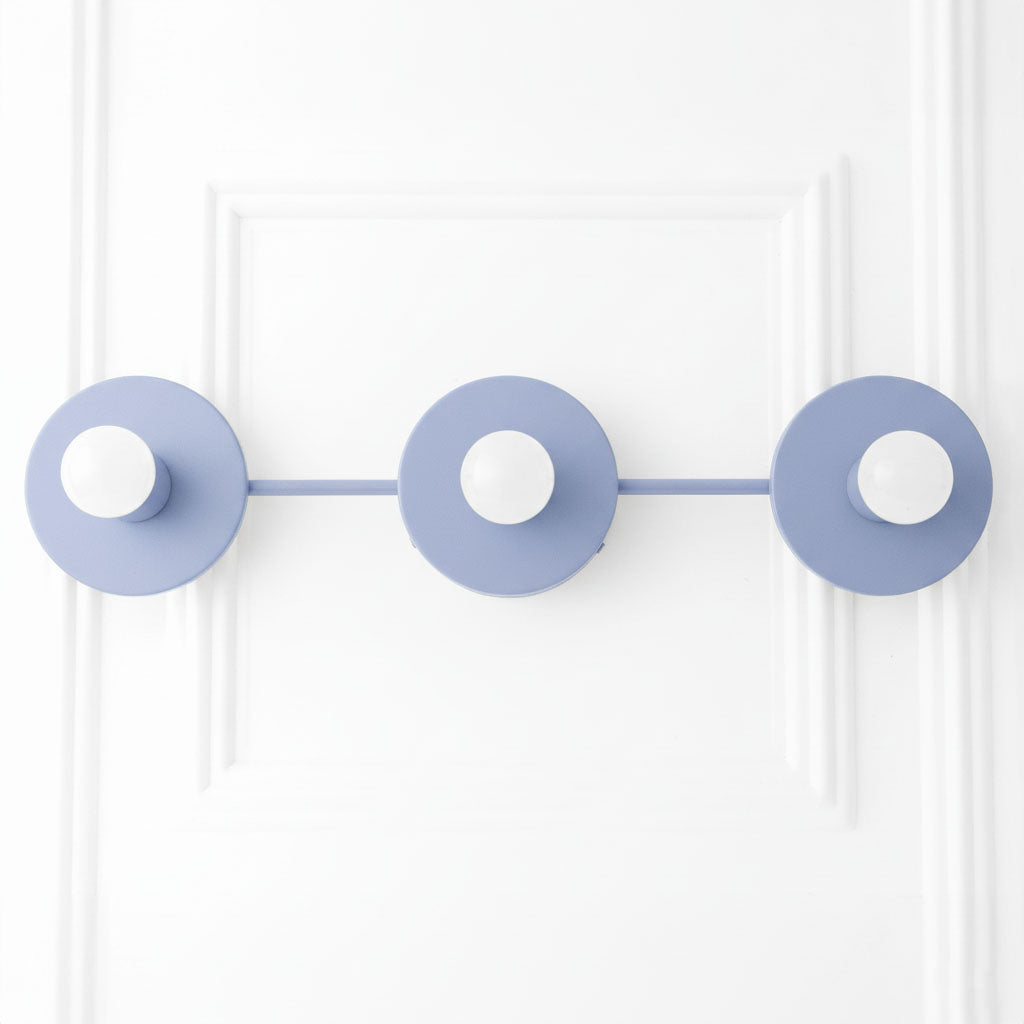 Mid-century modern periwinkle vanity light with three exposed bulbs on horizontal bar. - VANITY LIGHT MODEL NO. 5708