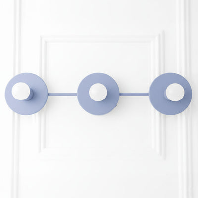 Mid-century modern periwinkle vanity light with three exposed bulbs on horizontal bar. - VANITY LIGHT MODEL NO. 5708