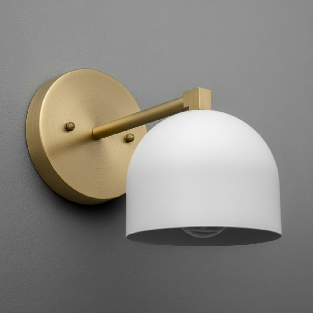 Matte brass wall sconce with a round mount and a white half-globe shade from Deep Ball Collection. - SCONCE MODEL NO. 3622