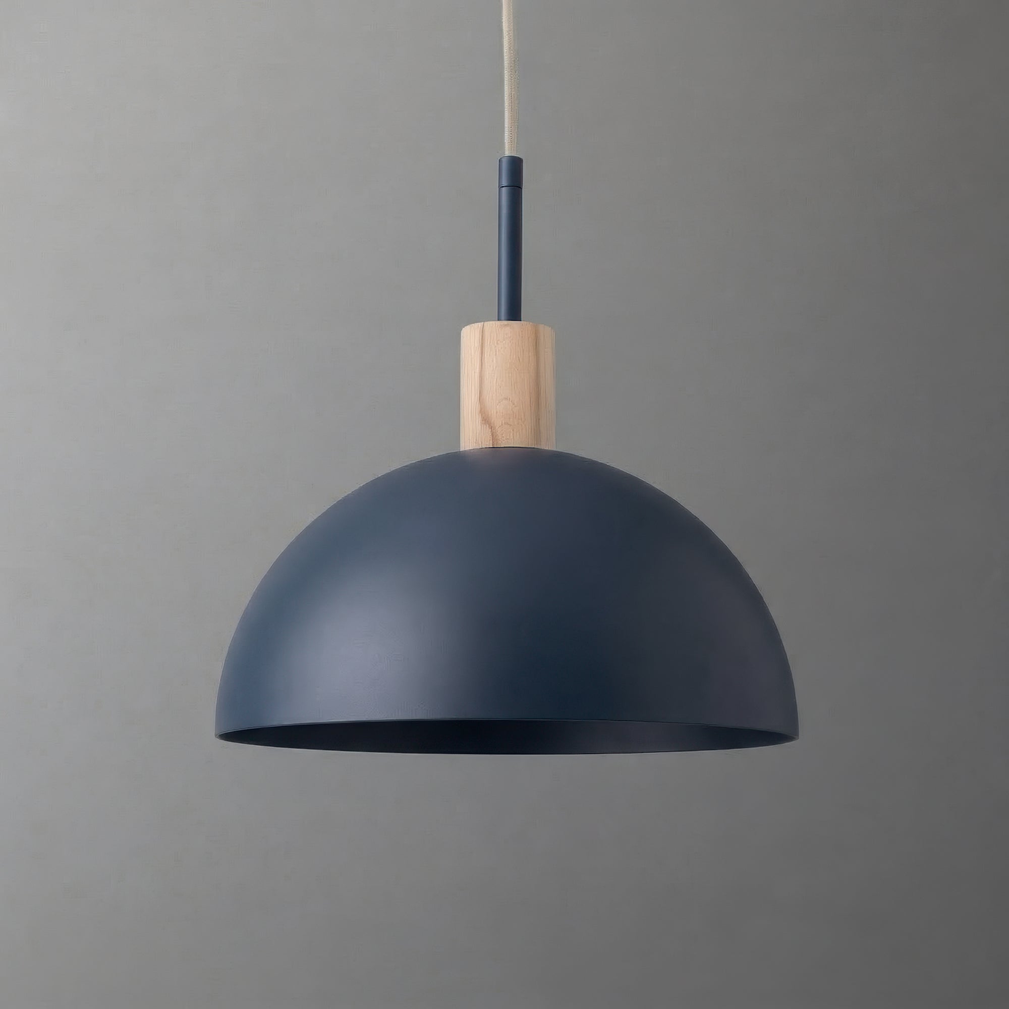 Matte dark blue dome-shaped metal pendant light with natural wood accent and black cord suspension. - PENDANT MODEL NO. 4610