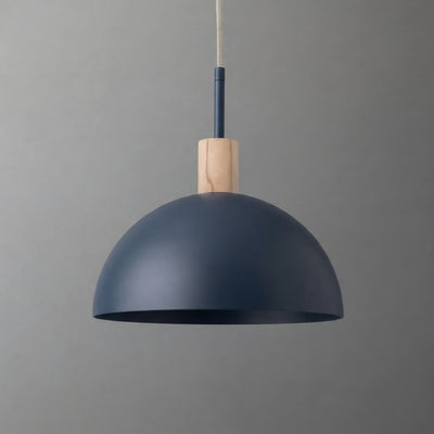 Matte dark blue dome-shaped metal pendant light with natural wood accent and black cord suspension. - PENDANT MODEL NO. 4610