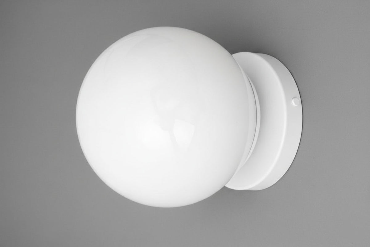 White globe flush mount wall sconce with matte finish and mid-century modern design. - SCONCE MODEL NO. 3825