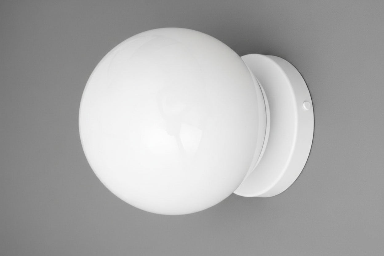 White globe flush mount wall sconce with matte finish and mid-century modern design. - SCONCE MODEL NO. 3825