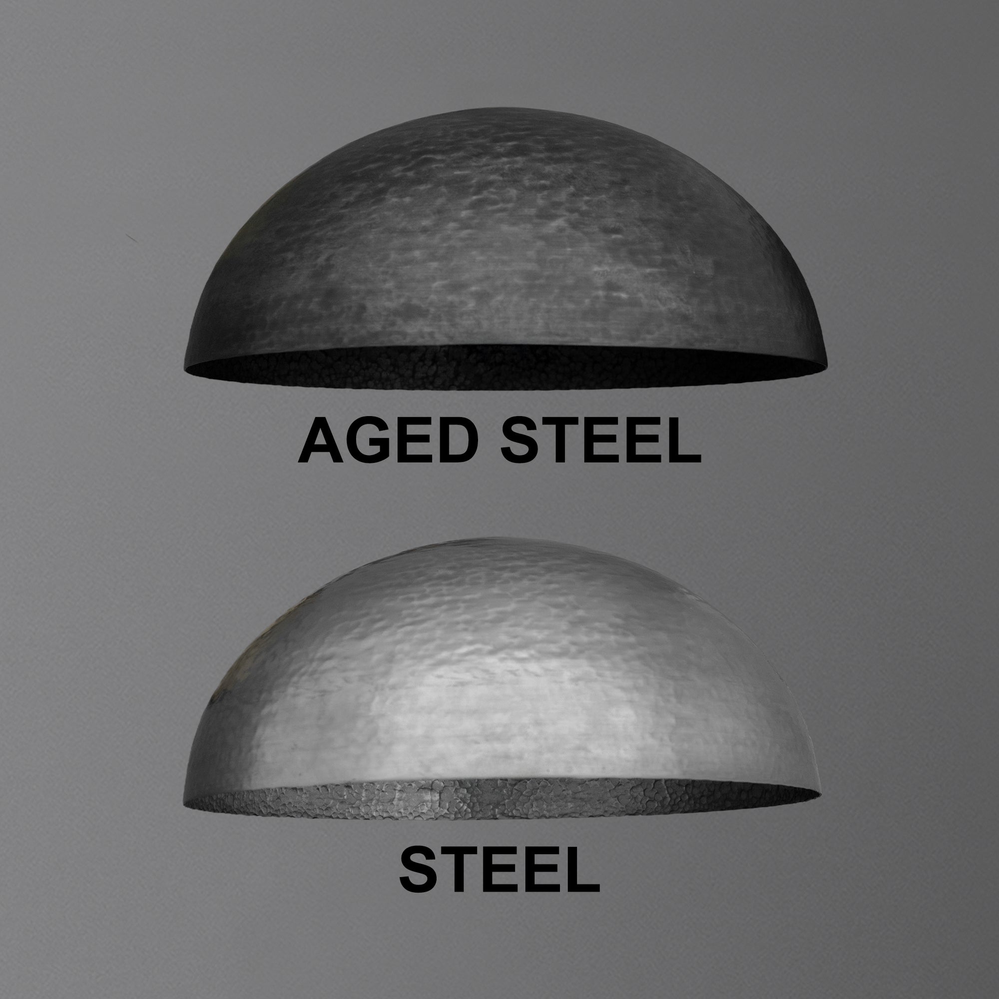 Half-dome metal sconce in aged steel finish with textured surface and open bottom. - SCONCE MODEL NO. 9874