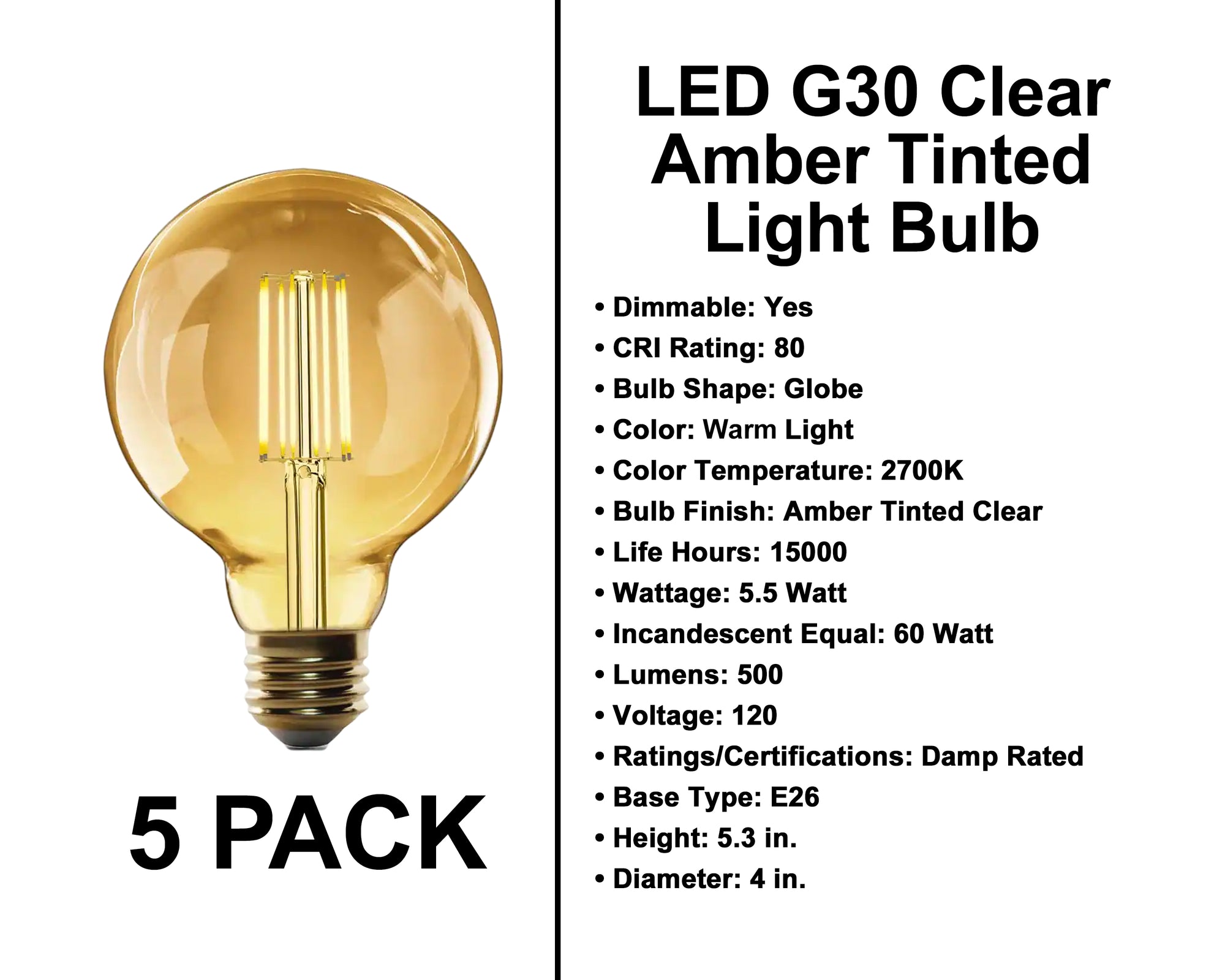 E26 Socket Globe Bulbs - 5 Pack
