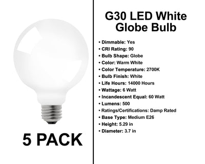 E26 Socket Globe Bulbs - 5 Pack