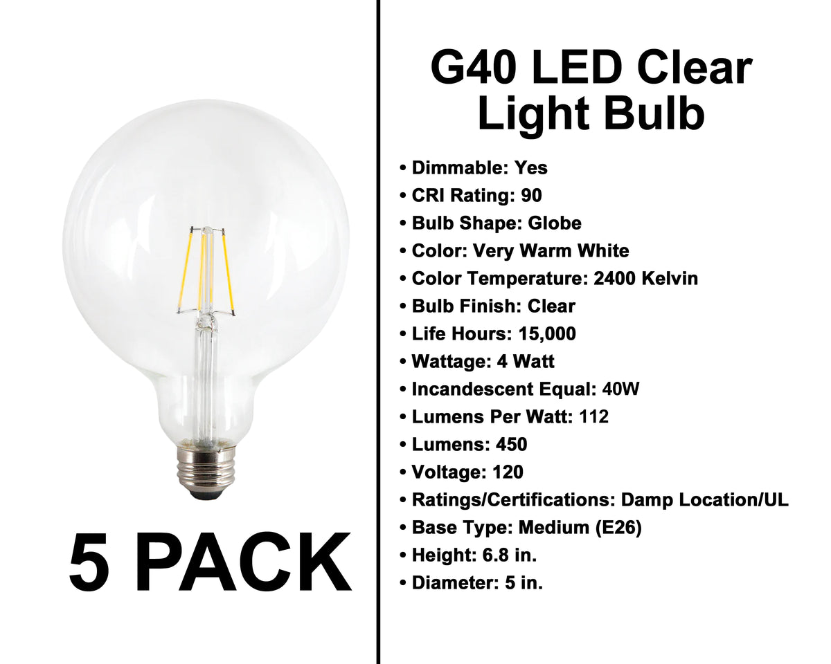 E26 Socket Globe Bulbs - 5 Pack