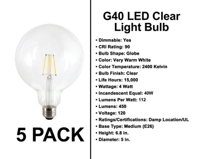 E26 Socket Globe Bulbs - 5 Pack