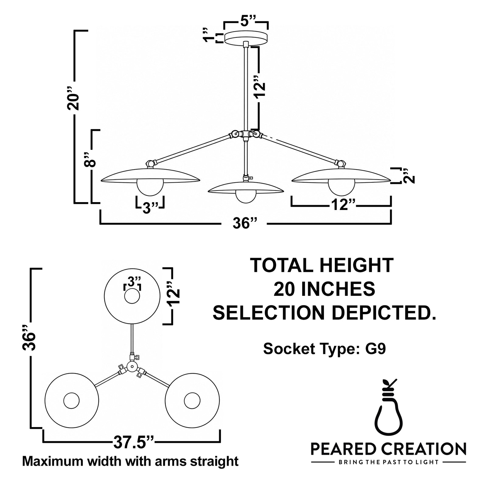 Black-and-white technical drawing of a three-globe chandelier with adjustable arms, 36-inch width, and 20-inch height. - CHANDELIER MODEL NO. 7015