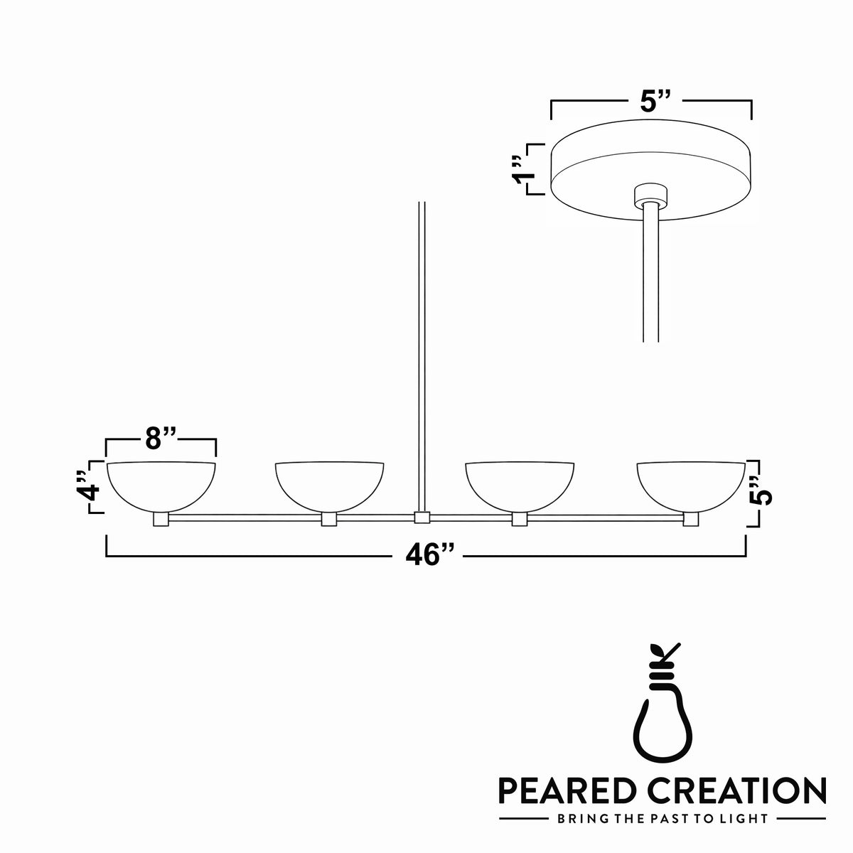 Industrial linear chandelier with four dome-shaped glass shades, 46 inches wide, suspended from a round ceiling mount. - CHANDELIER MODEL NO. 4577
