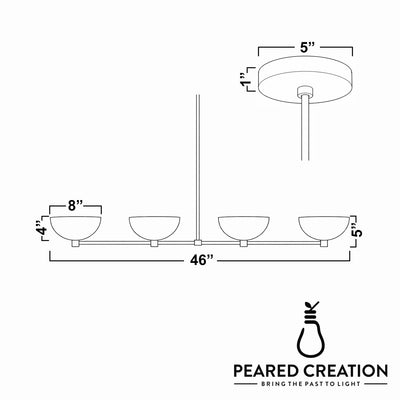 Industrial linear chandelier with four dome-shaped glass shades, 46 inches wide, suspended from a round ceiling mount. - CHANDELIER MODEL NO. 4577