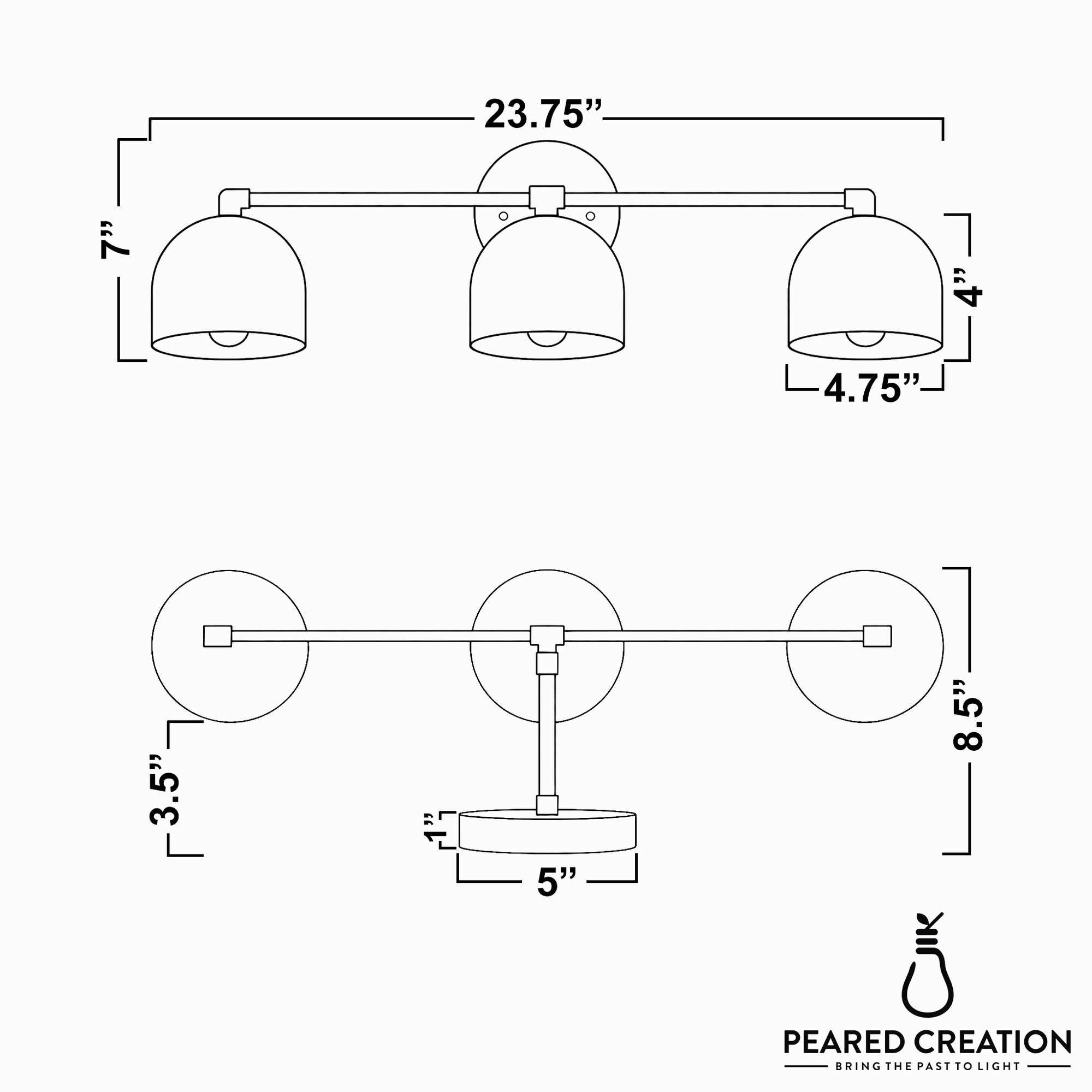 Mid-century modern vanity light with three white dome-shaped shades on a horizontal brushed metal bar, 23.75" wide. - VANITY LIGHT MODEL NO. 7565