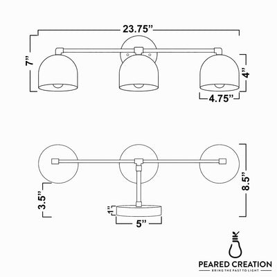 Mid-century modern vanity light with three white dome-shaped shades on a horizontal brushed metal bar, 23.75" wide. - VANITY LIGHT MODEL NO. 7565