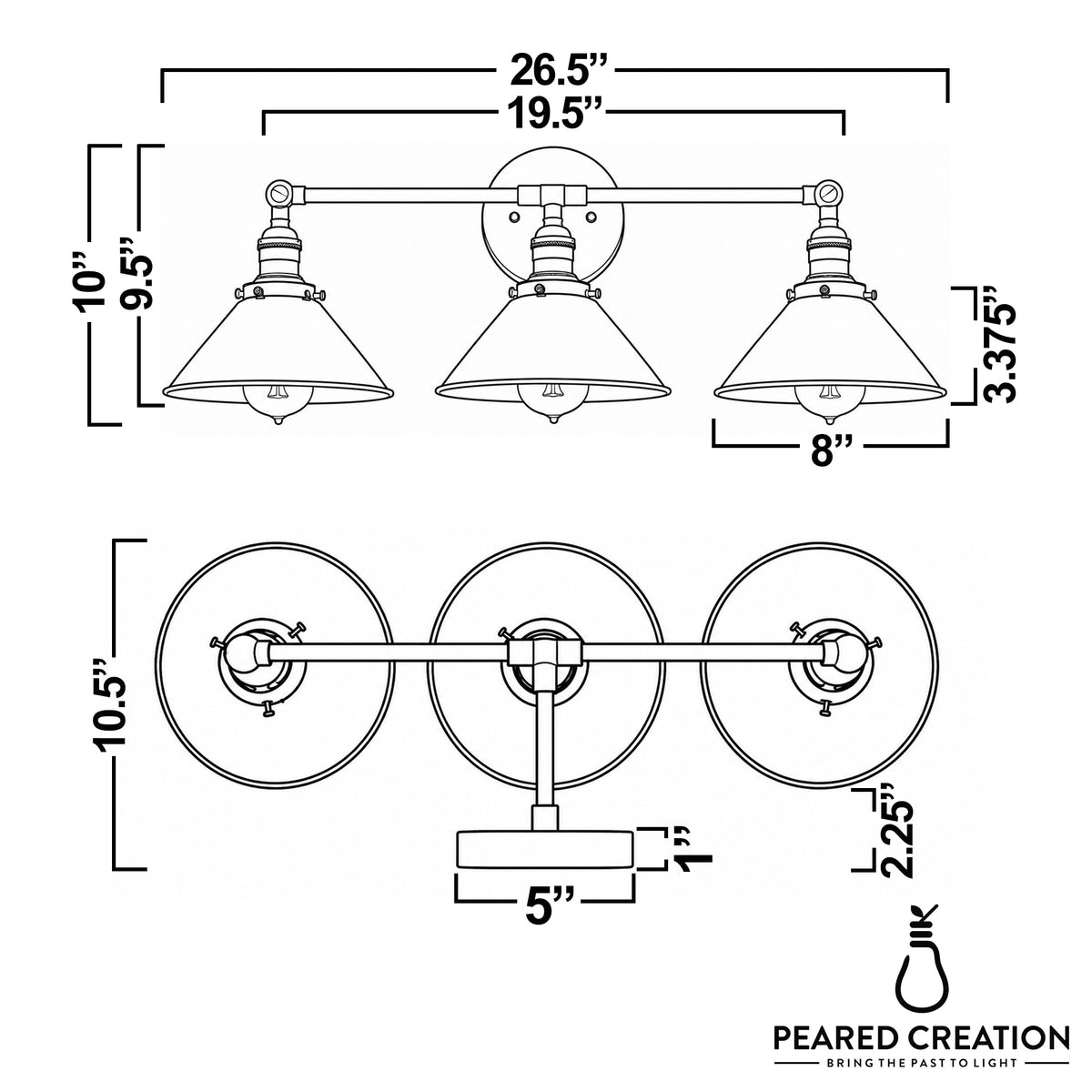 Three-bulb industrial vanity light with metal shades, matte black finish, 26.5 inches wide. - VANITY LIGHT MODEL NO. 3406