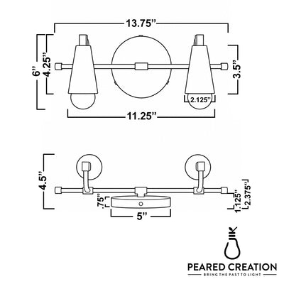 Industrial-style 2-bulb vanity light with matte black metal cone-shaped shades and round wall mount. - VANITY LIGHT MODEL NO. 1229