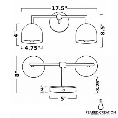 Art Deco style vanity light with two dome-shaped white glass shades and a curved metal frame in brushed nickel finish. - VANITY LIGHT MODEL NO. 8432