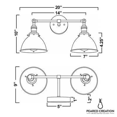 Industrial style 2-bulb vanity light with matte black metal conical shades and round wall mounts. - VANITY LIGHT MODEL NO. 4564