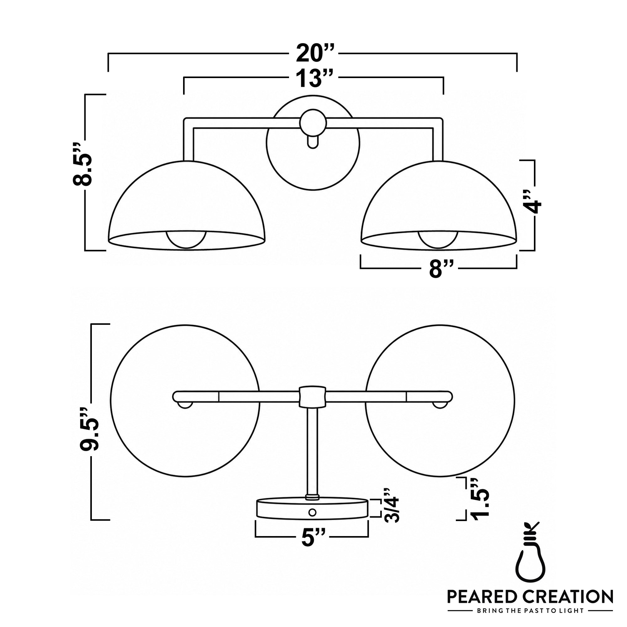 Two-bulb art deco vanity light with matte black metal frame and white dome shades. - VANITY LIGHT MODEL NO. 6074