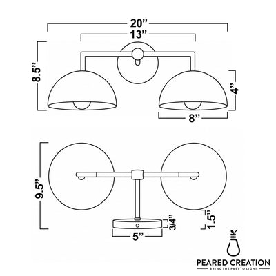 Two-bulb art deco vanity light with matte black metal frame and white dome shades. - VANITY LIGHT MODEL NO. 6074