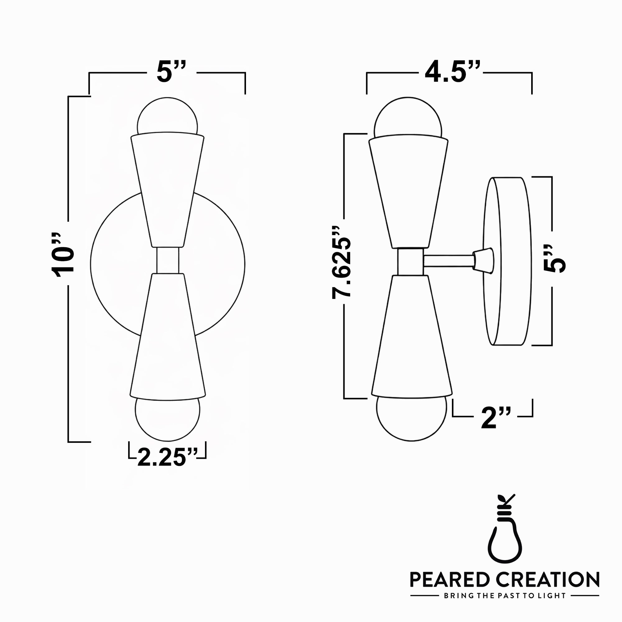 Mid-century modern metal wall sconce with two bare bulbs, conical shades, and round backplate. - SCONCE MODEL NO. 4717