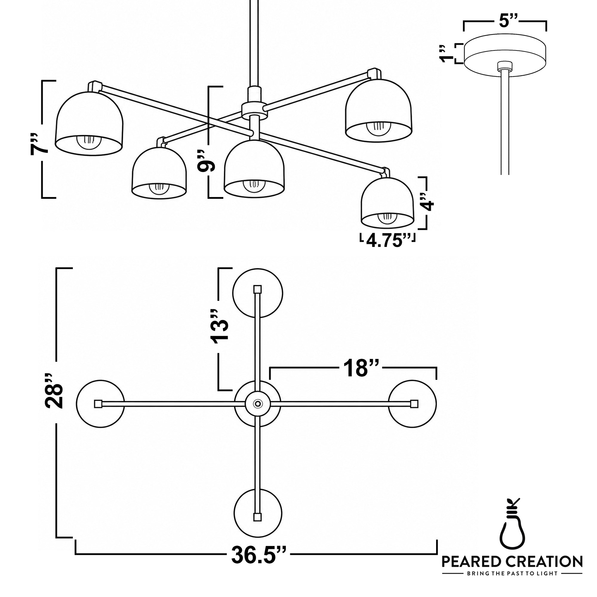 Industrial-style chandelier with five white dome-shaped shades on adjustable swivel arms in matte black finish. - CHANDELIER MODEL NO. 8133