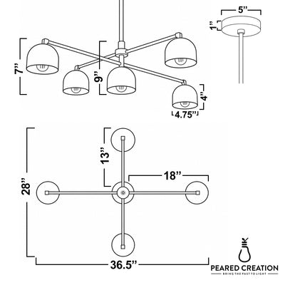 Industrial-style chandelier with five white dome-shaped shades on adjustable swivel arms in matte black finish. - CHANDELIER MODEL NO. 8133