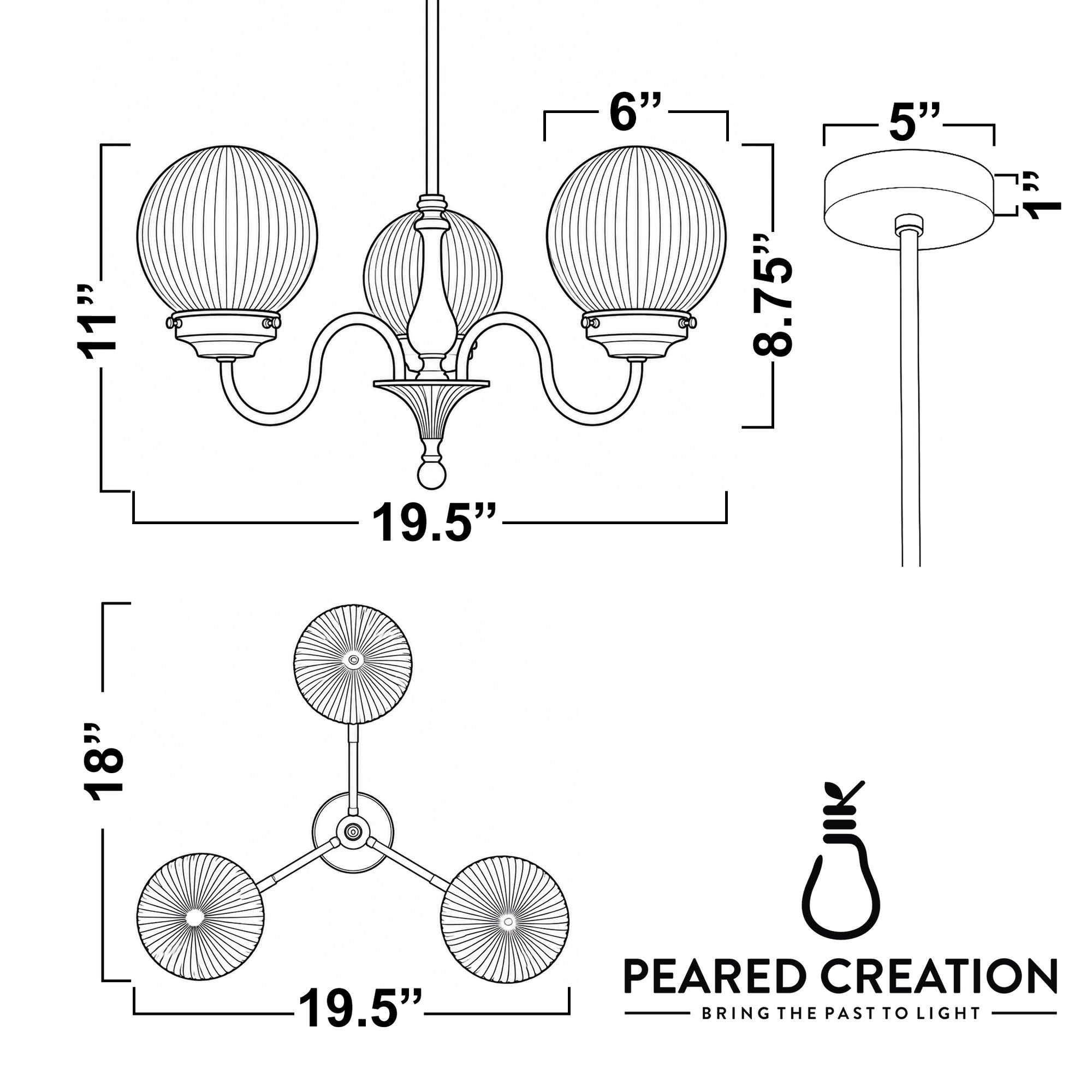 Three-bulb chandelier with ribbed glass globes, brushed metal arms, and 19.5-inch width. - CHANDELIER MODEL NO. 2894