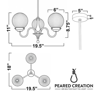 Three-bulb chandelier with ribbed glass globes, brushed metal arms, and 19.5-inch width. - CHANDELIER MODEL NO. 2894