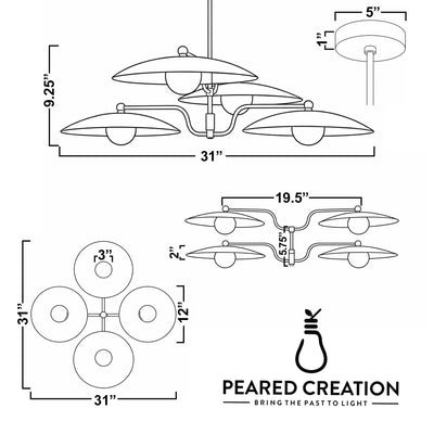 Mid-century modern chandelier with four flat, disc-shaped white glass globes on a black metal frame, 31-inch width. - CHANDELIER MODEL NO. 1192