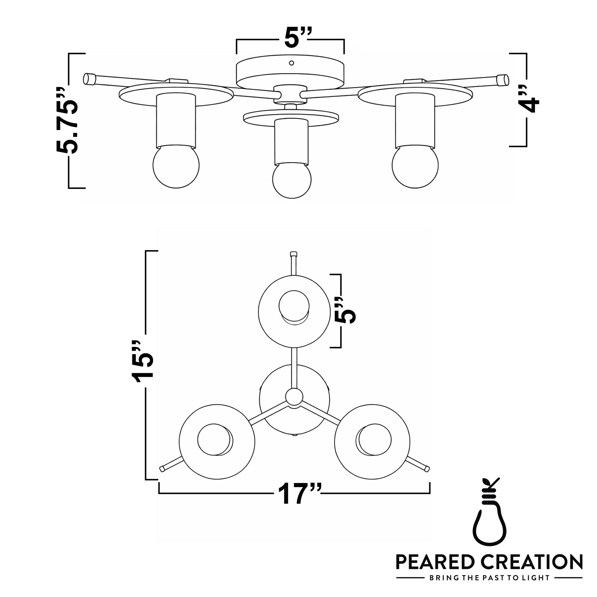 Mid-century modern flush mount ceiling light with three exposed white bulbs on a black metal frame. - CHANDELIER MODEL NO. 9526