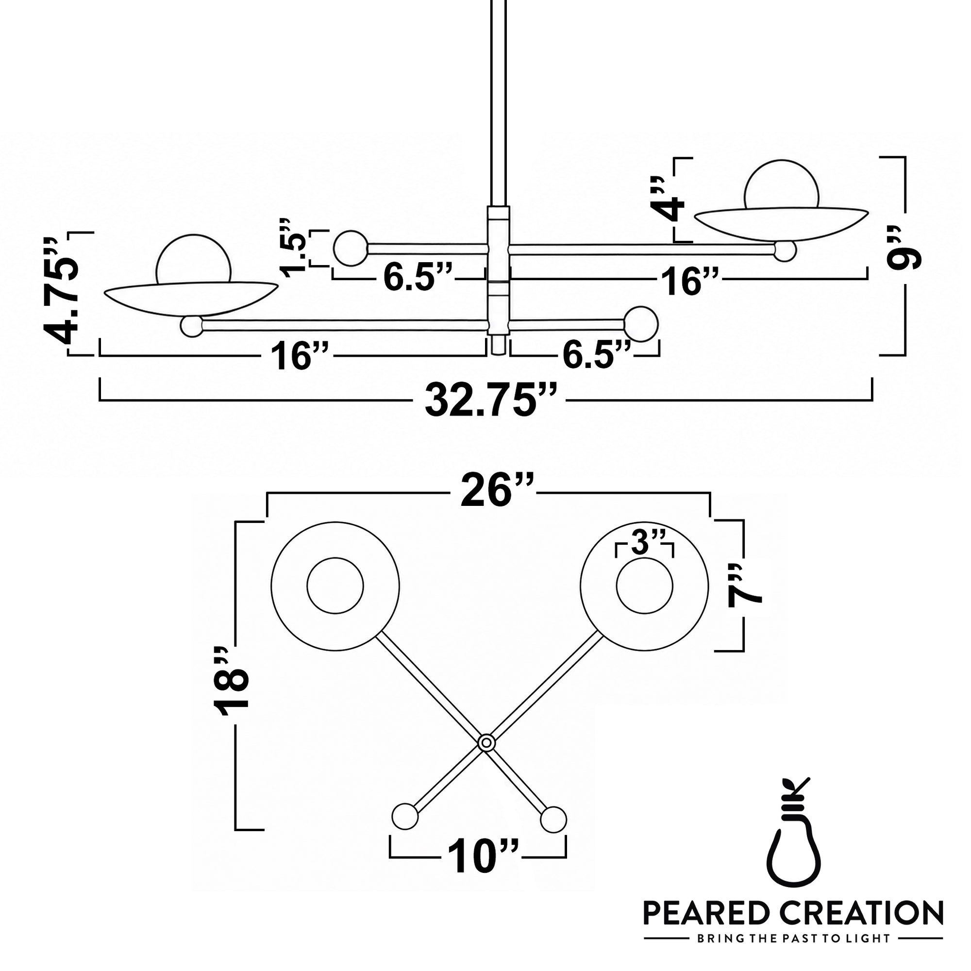 Mid-century modern 2-bulb chandelier with minimalist white globe shades on black swivel arms. - CHANDELIER MODEL NO. 2933