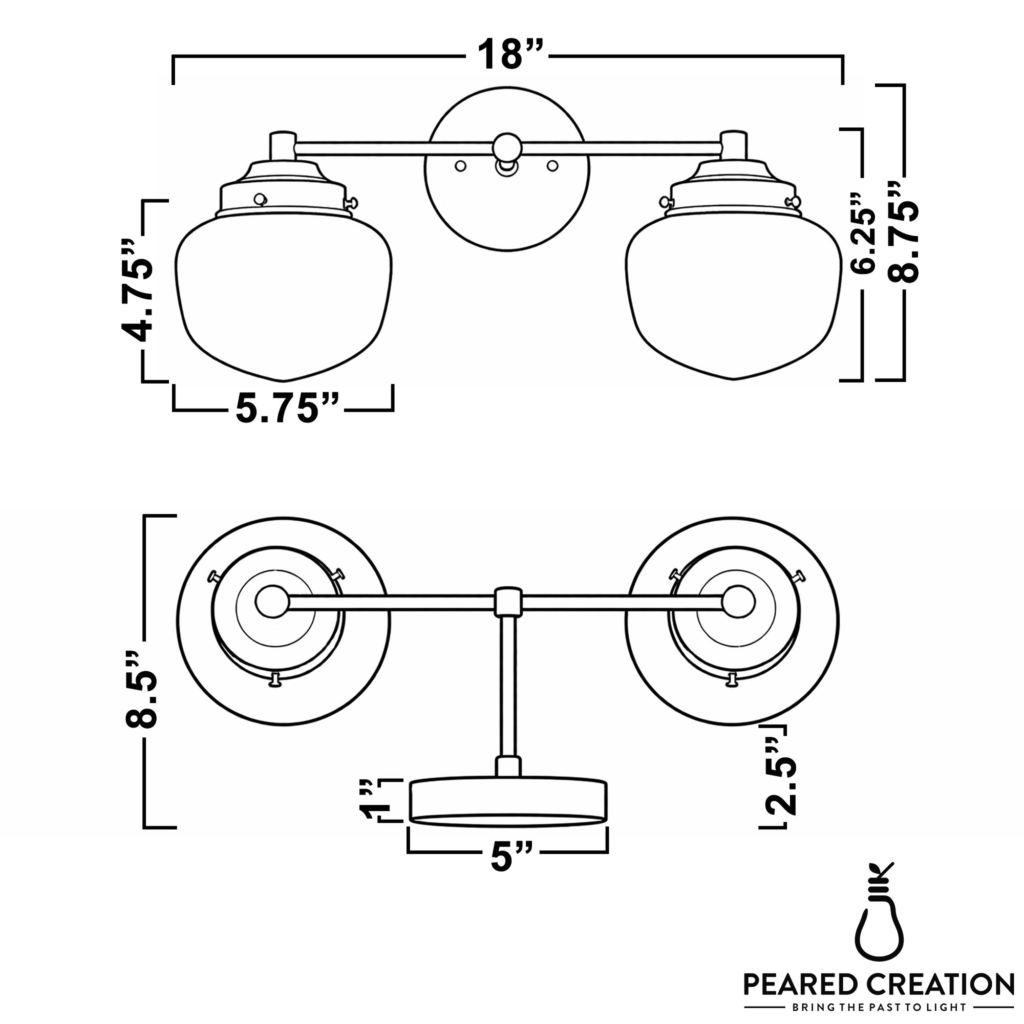 Mid-century modern 2-bulb vanity light with round white glass globes and matte black metal frame, 18-inch wide. - VANITY LIGHT MODEL NO. 5799