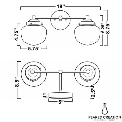Mid-century modern 2-bulb vanity light with round white glass globes and matte black metal frame, 18-inch wide. - VANITY LIGHT MODEL NO. 5799