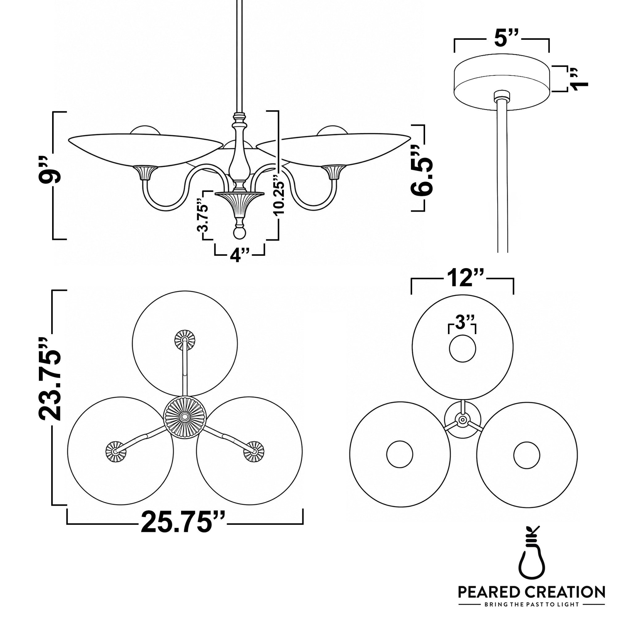 Modern Victorian chandelier with three clear glass globes on bronze metal arms, 25.75 inches wide. - CHANDELIER MODEL NO. 1563