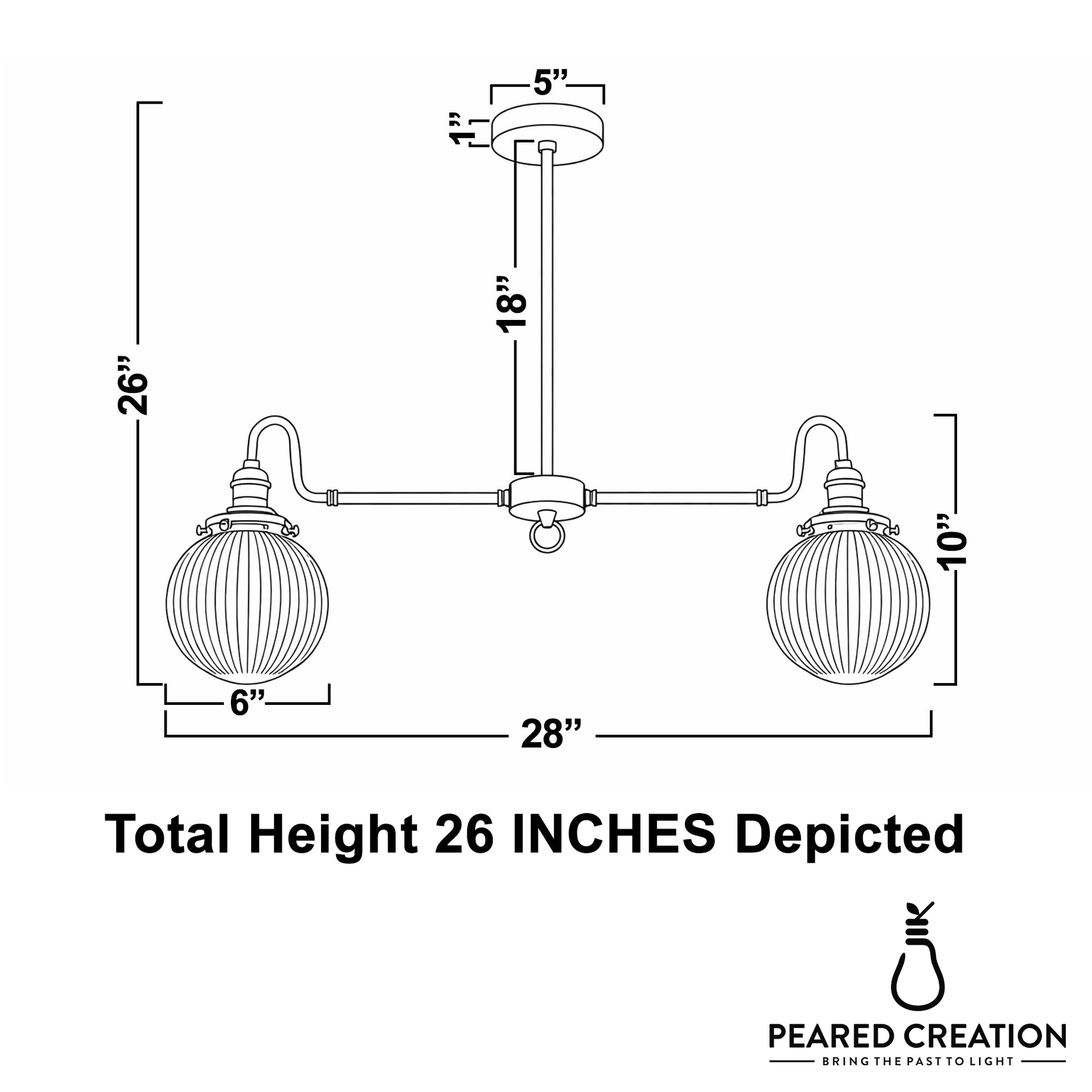 Farmhouse-style linear chandelier with two ribbed glass globe shades in matte finish, 28-inch width. - CHANDELIER MODEL NO. 7424