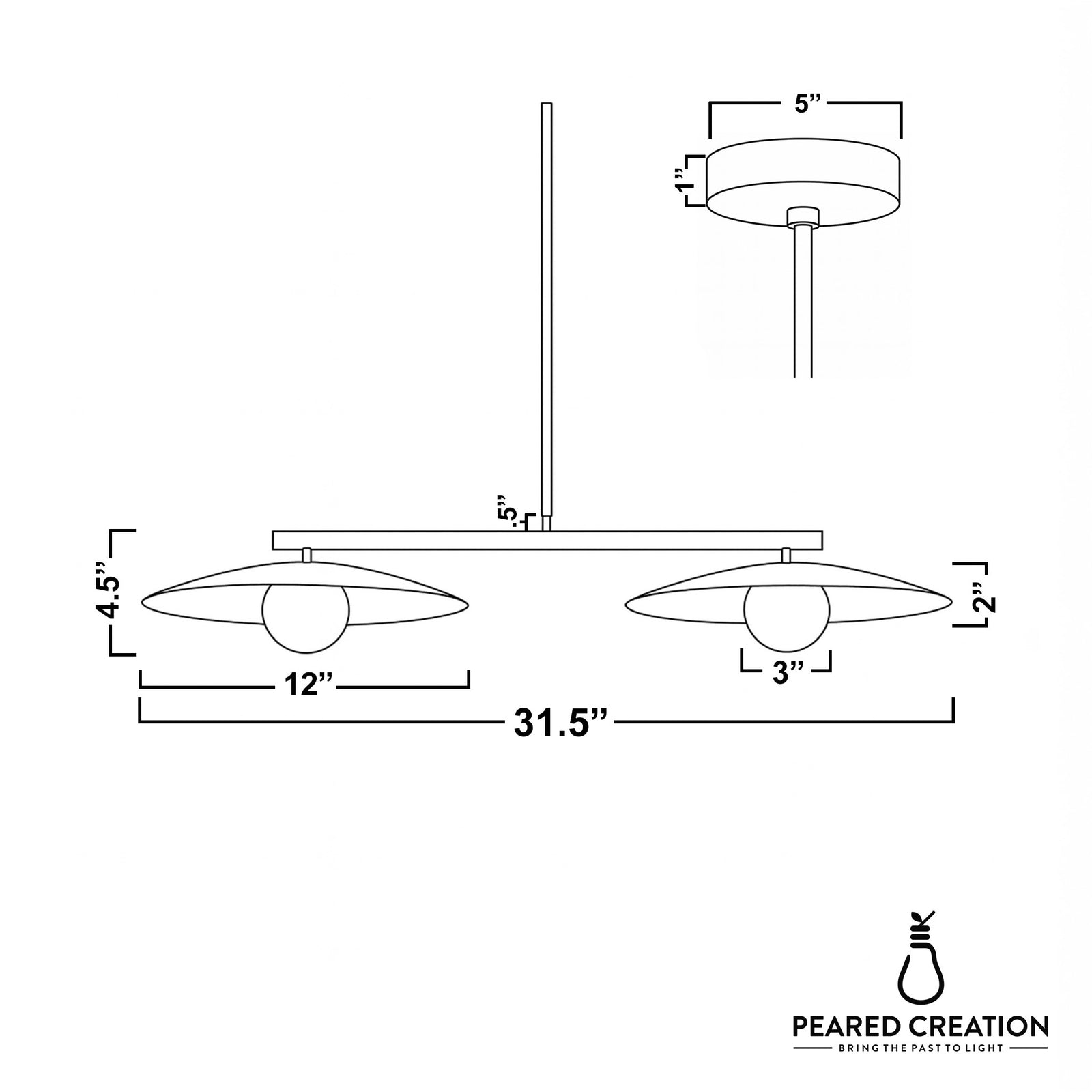 Contemporary linear chandelier with two mid-century modern globe lights and 31.5-inch antique brass frame. - CHANDELIER MODEL NO. 9708