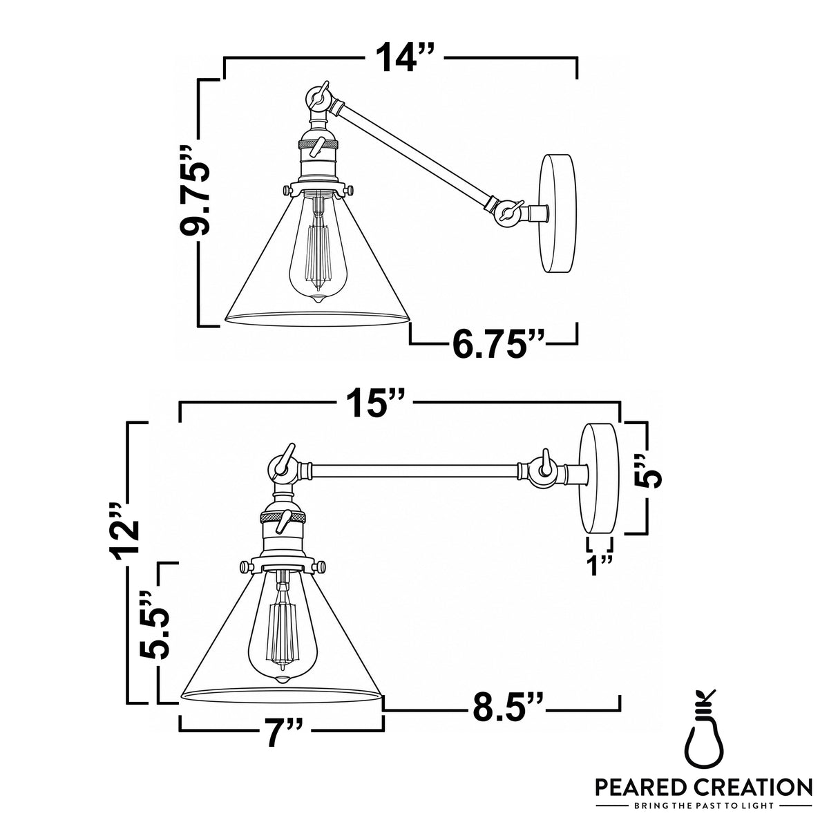 Adjustable mid-century modern wall sconce with clear glass cone shade and brass arm. - SCONCE MODEL NO. 7962