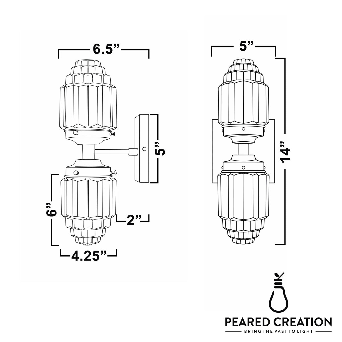 Art Deco style double globe sconce with ribbed glass shades and a sleek vertical metal frame in black finish, measuring 14. - SCONCE MODEL NO. 7180