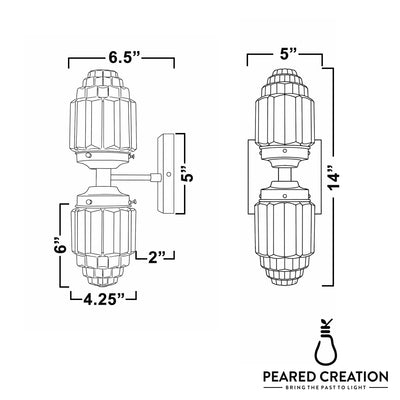 Art Deco style double globe sconce with ribbed glass shades and a sleek vertical metal frame in black finish, measuring 14. - SCONCE MODEL NO. 7180
