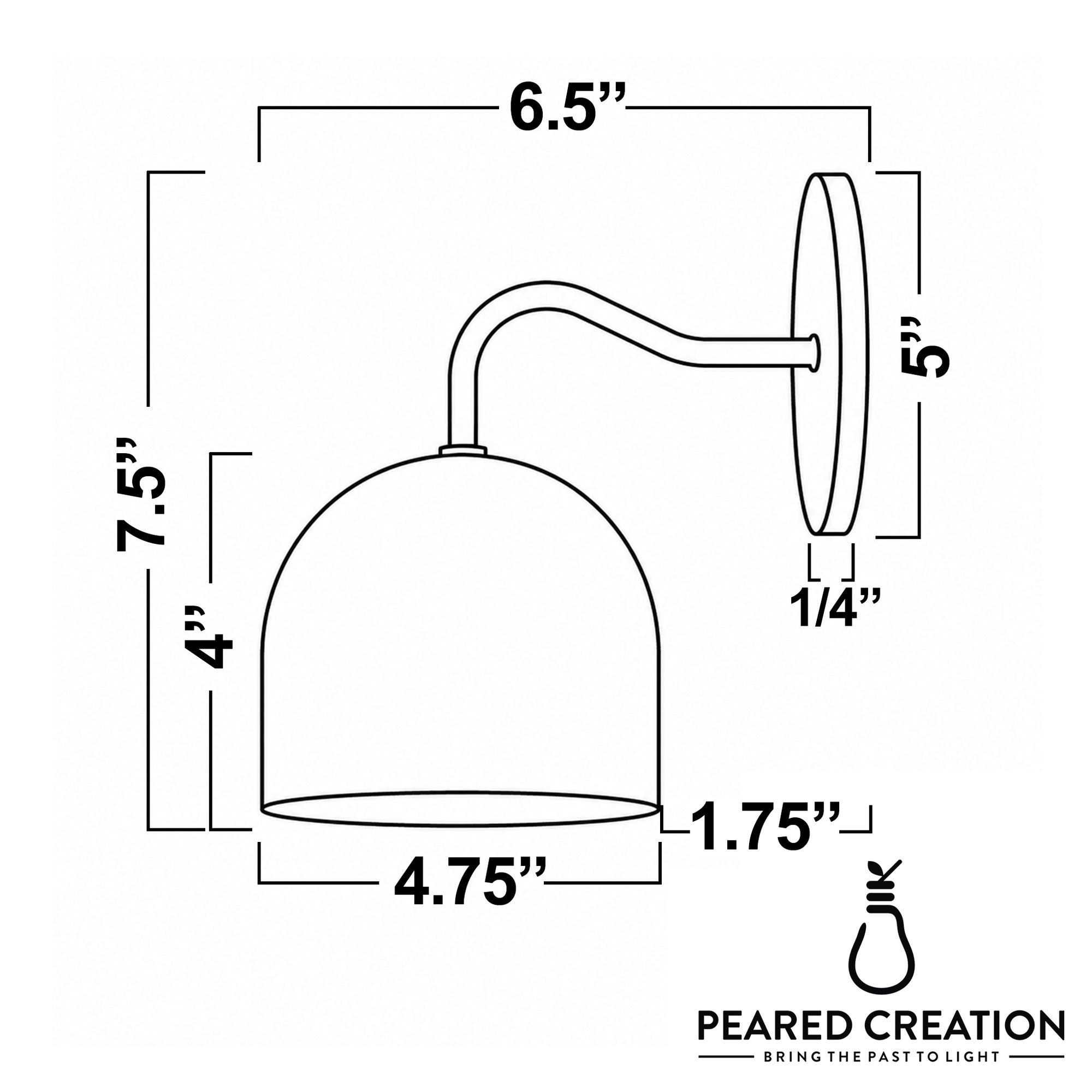 Black metal wall sconce with dome-shaped shade and curved arm, 7.5 inches tall. - SCONCE MODEL NO. 9436
