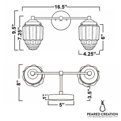 Black industrial-style vanity light with two ribbed globe glass shades and round mounting plate. - VANITY LIGHT MODEL NO. 9777