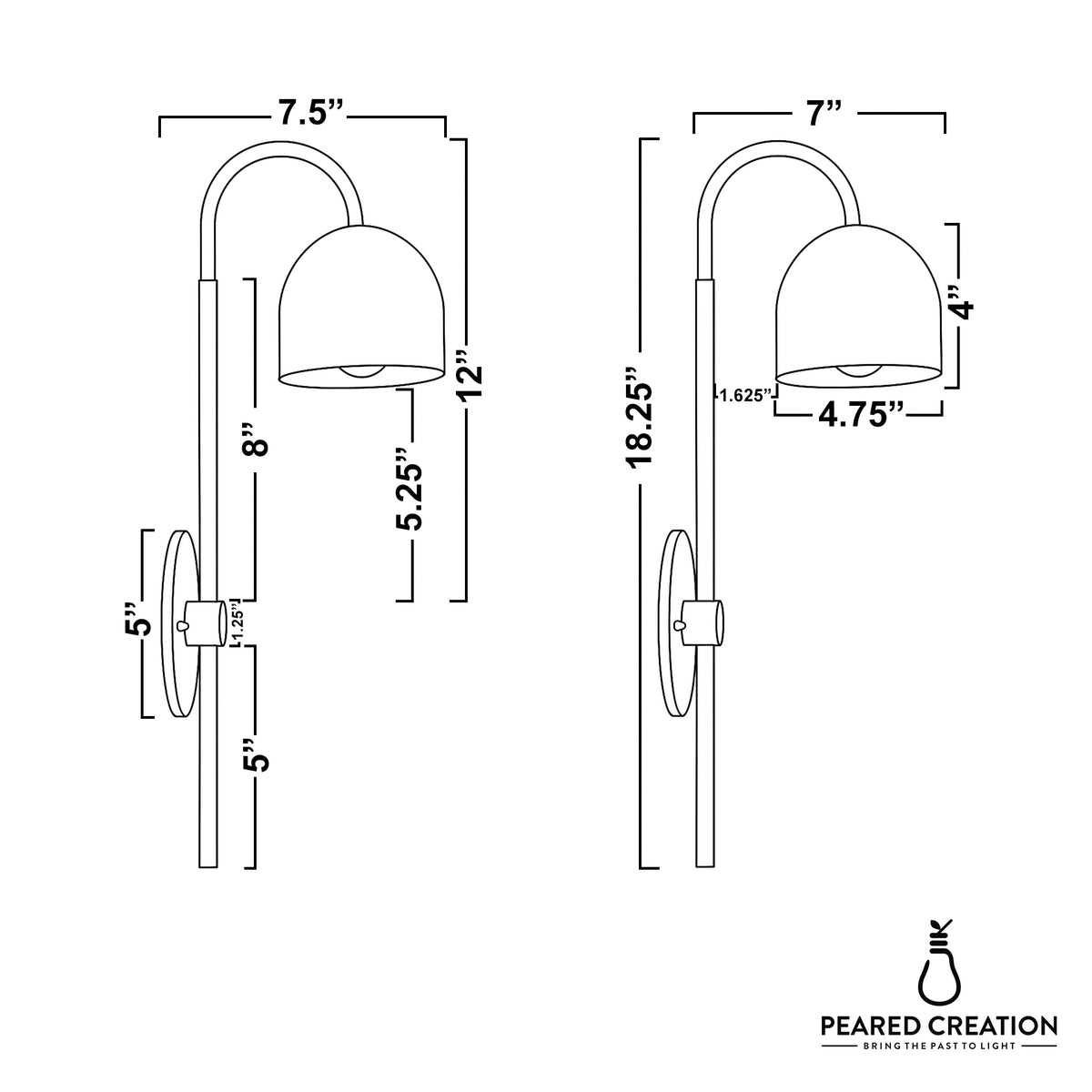 Antique brass wall sconce with curved arm and dome-shaped shade, detailed dimensions shown. - Sconce Model No. 7340