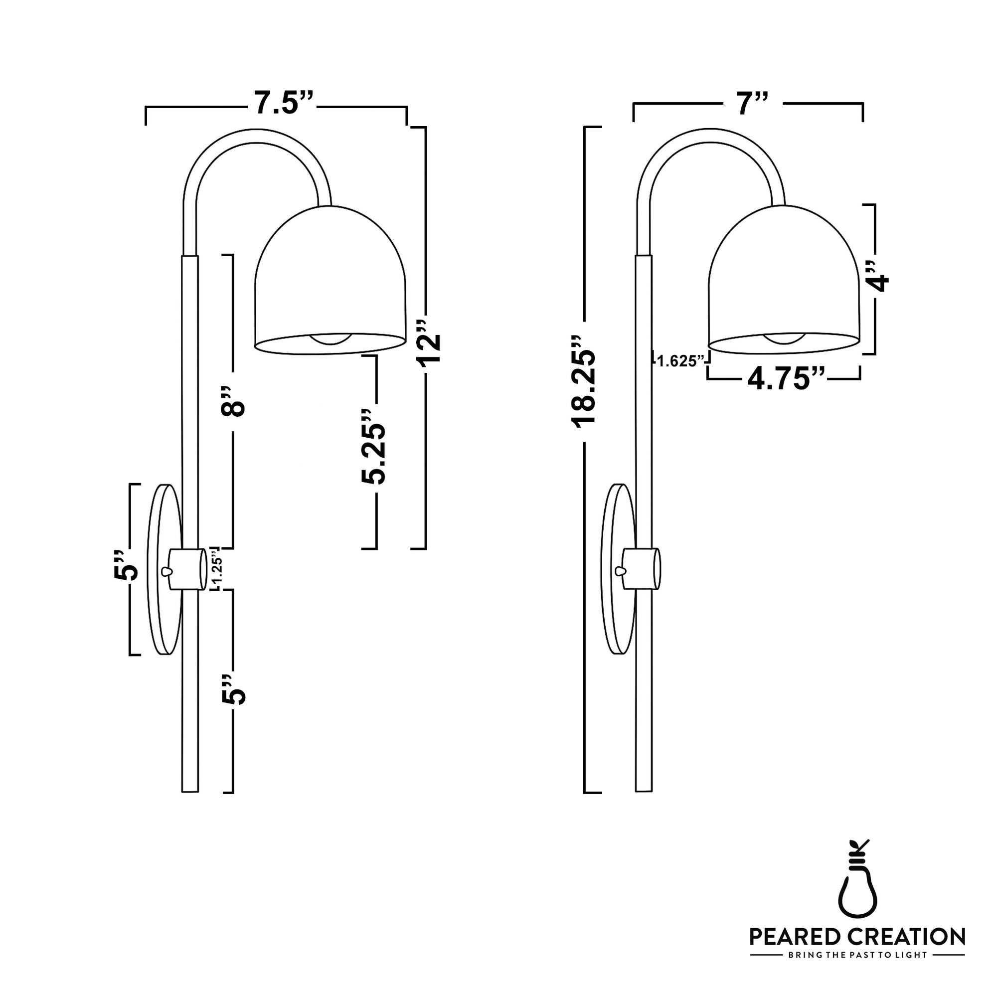 Antique brass wall sconce with curved arm and dome-shaped shade, detailed dimensions shown. - Sconce Model No. 7340